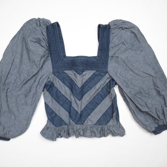 Anthropologie Love The Label Chevron Smocked Puff-Sleeve Blouse Blue XS - Picture 3 of 8